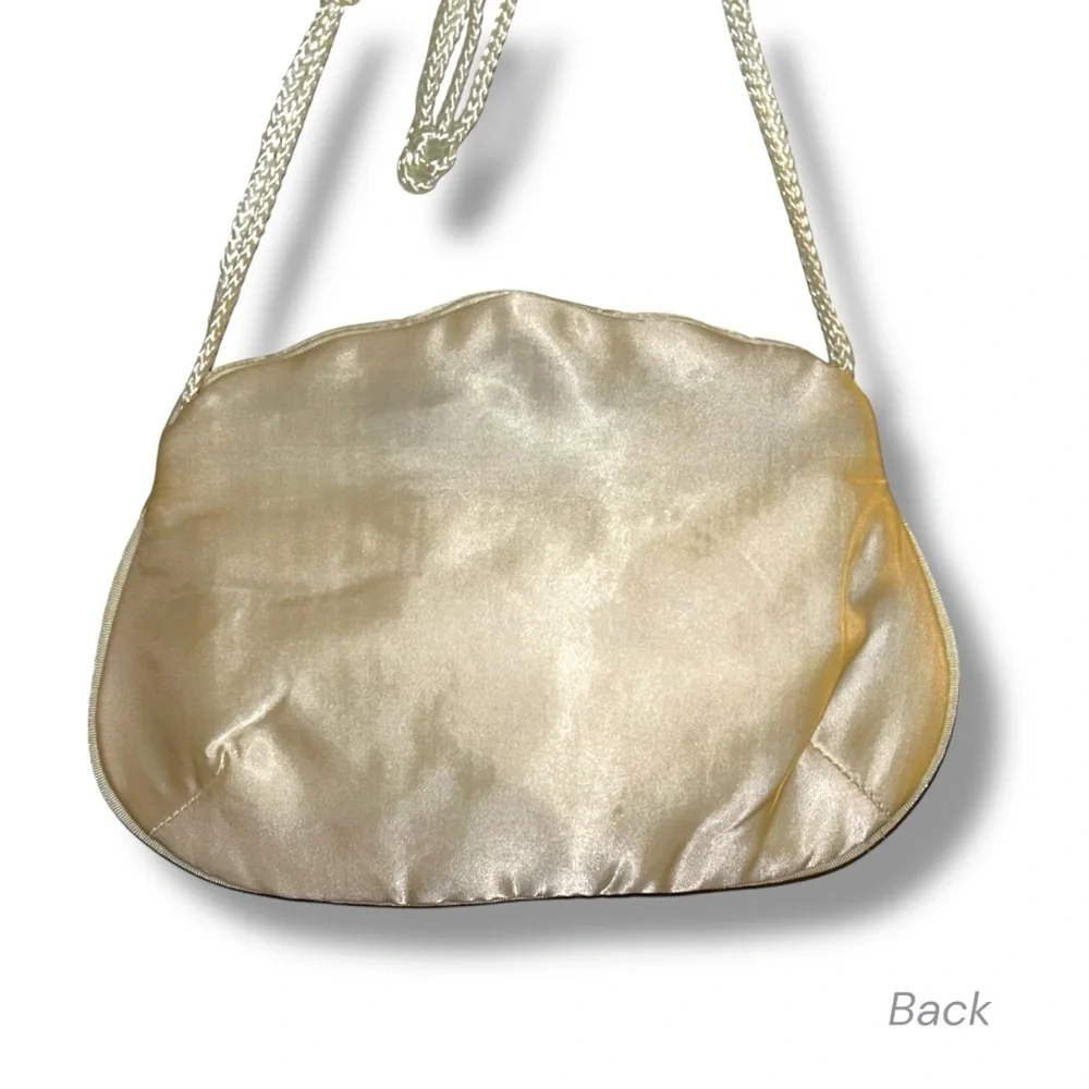 Vintage MCM Champagne Evening Bag Classic Scalloped Satin Clutch Strap Formal